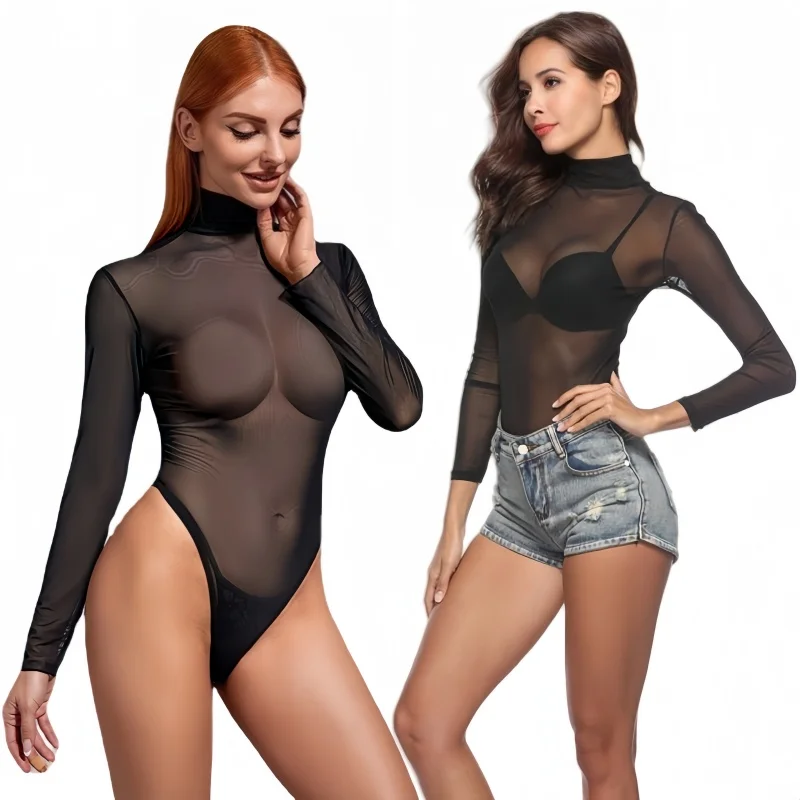 Turtleneck Long Sleeve See Through Open Crotch Black Body Suits Tops Plus Size Club Street Wear Bodysuits Shirts for Women XXXL