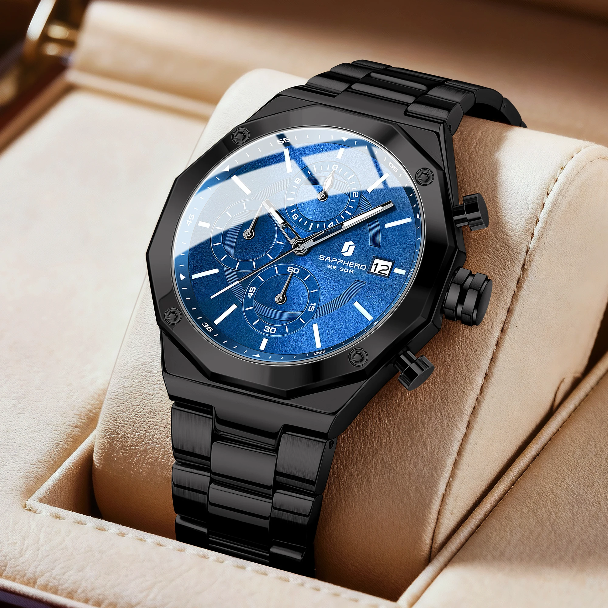 SAPPHERO Men's Watches Luxury Sports Watch Fashion Waterproof Clock Excellence Running Seconds Chronograph Wristwatch Men Gifts
