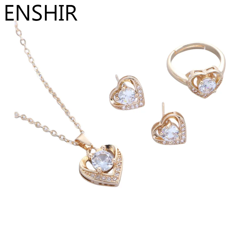 ENSHIR Delicate Shiny Zircon Love Heart Pendant Chain Necklace Earrings Ring Jewelry Sets Wedding Sweet Jewelry Gifts