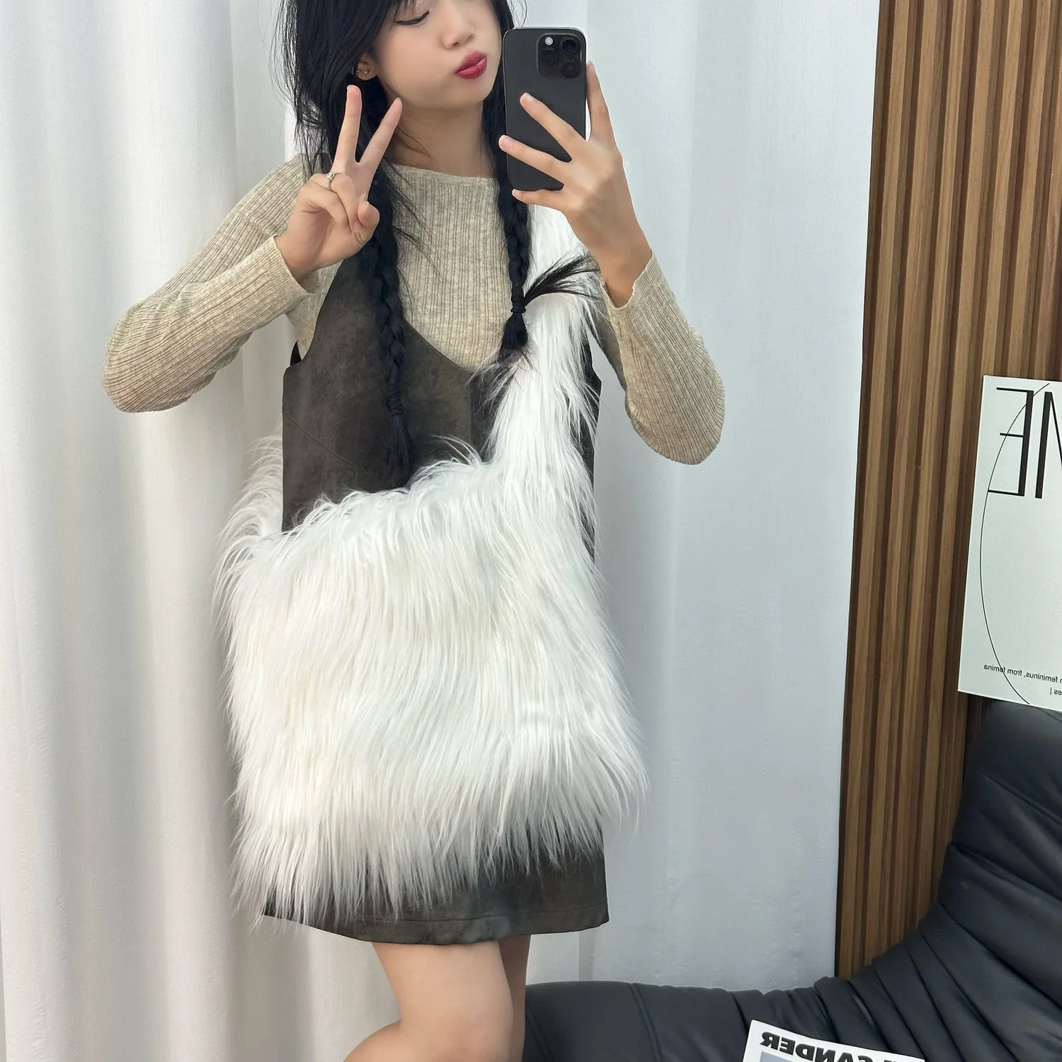 Faux Fur Bags for Women Vintage Y2k Totes Shoulder Bags Glossy Leather Shopper Handbags Woman Rhombic Luxury Designer Bag