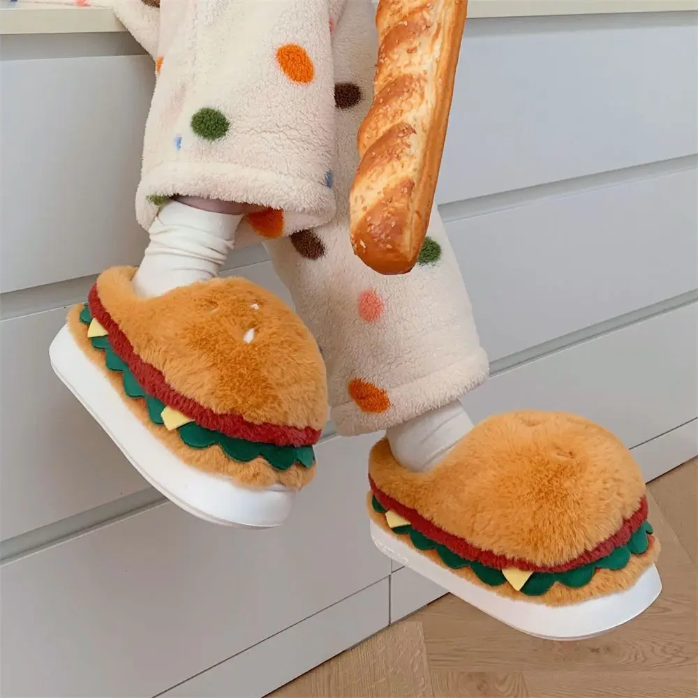 Women Winter Warm Slippers Cute Cartoon Hamburger Home Floor Platform Shoes Thick Sole Soft Plush Girls Indoor Fluffy Slipper