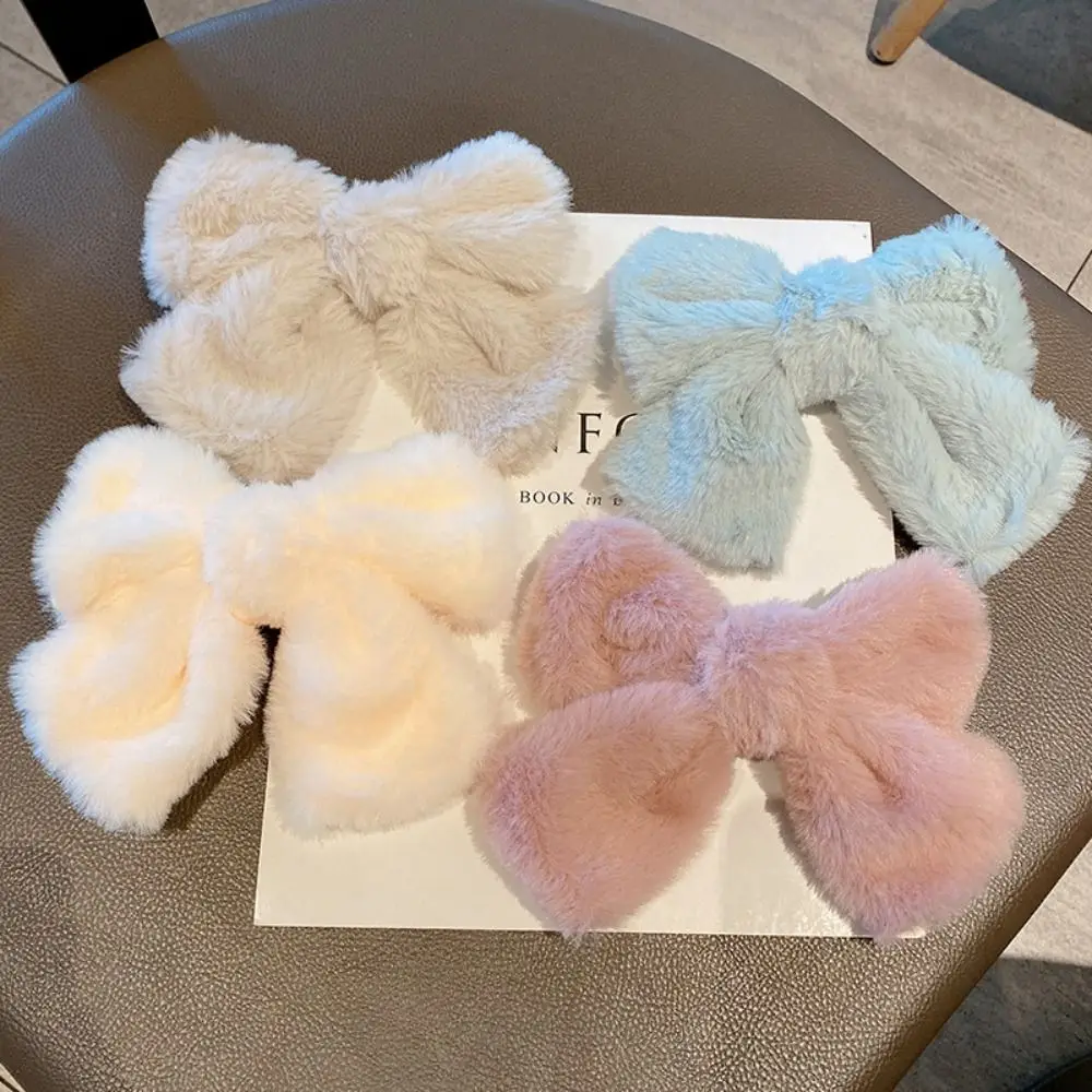 

Fashion Big Bow Plush Hair Clips Cute Gift Bowknot Hairpin Solid Color Headwear Winter