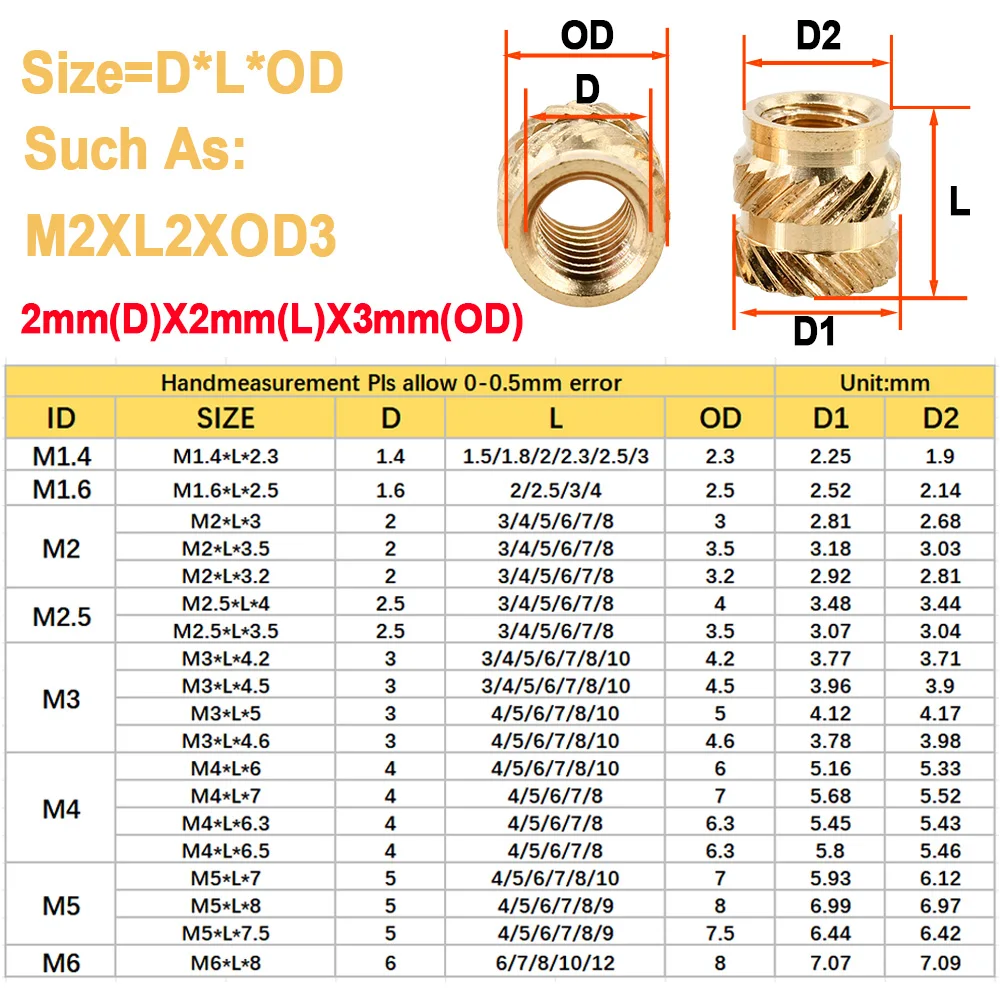 3D Printer Heat Insert Nut Brass M2 M2.5 M3 M4 M5 M6 Double Twill Hot Melt Embed Thread Inserts Nuts With Soldering Iron Tip