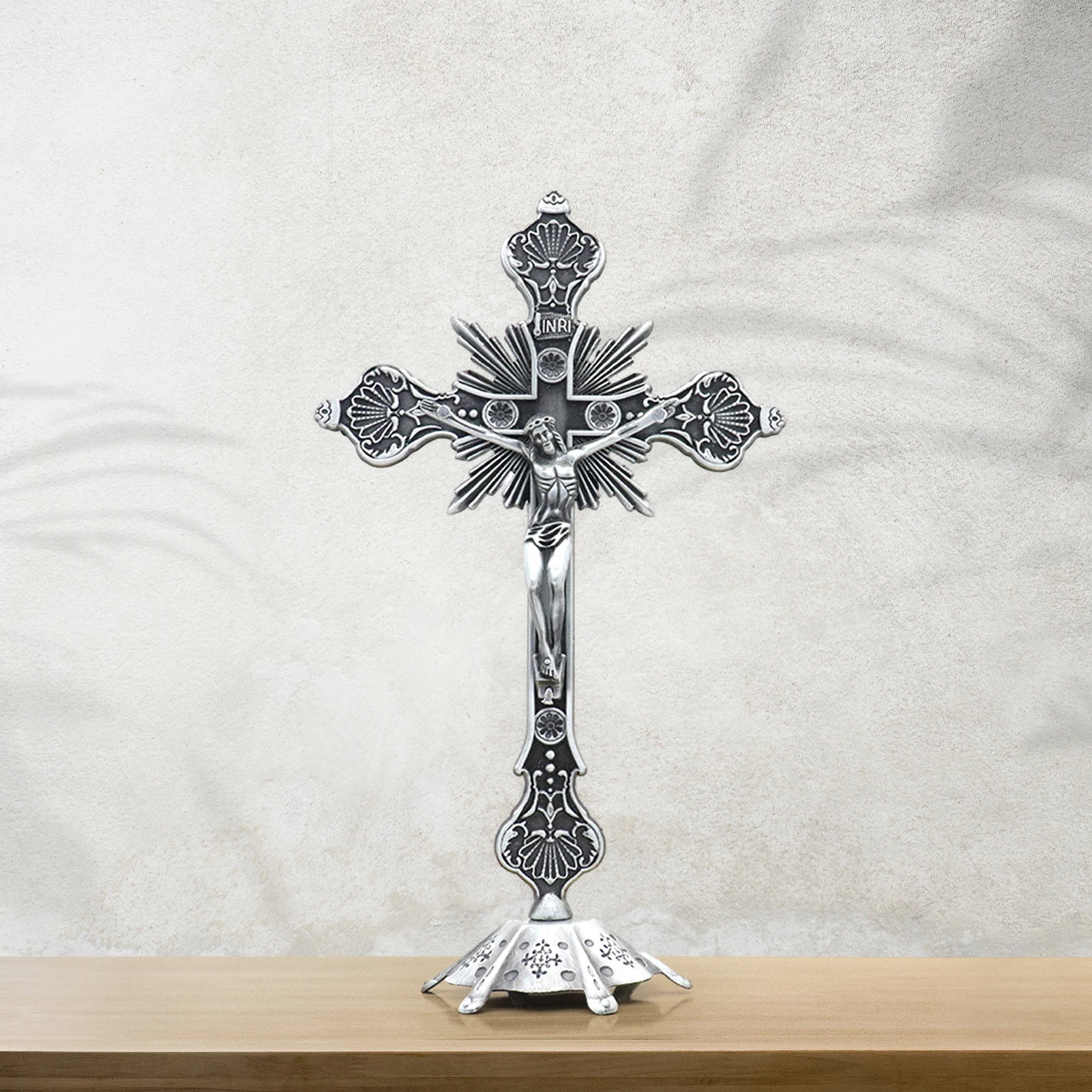 Jesus Crucifix Sculpture Jesus Cross Statue Catholic Figurine Standing Crucifix for Home Altar Living Room Table Bedroom