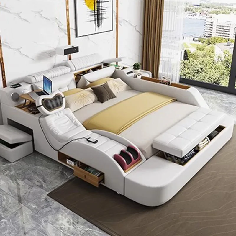 Beauty Design Bed Bedroom Smart Headboards Double Modern Bed Multifunctional Wooden Princess Letto Matrimoniale Hotel Furniture - Image 4