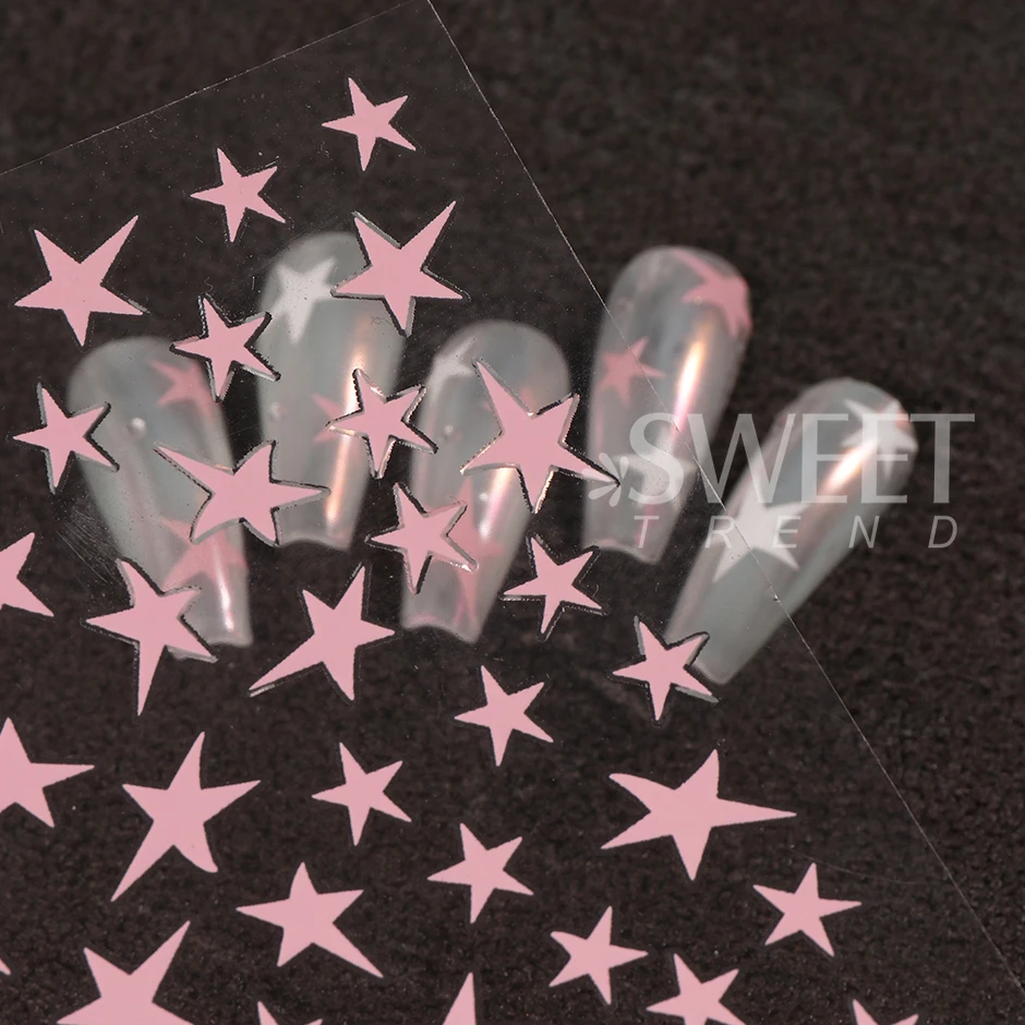 3D Pink Sliver Stars Nails Stickers Bronzing Laser White Y2K Adhesive Kawaii Star Series Sliders Decals Manicure Decorations