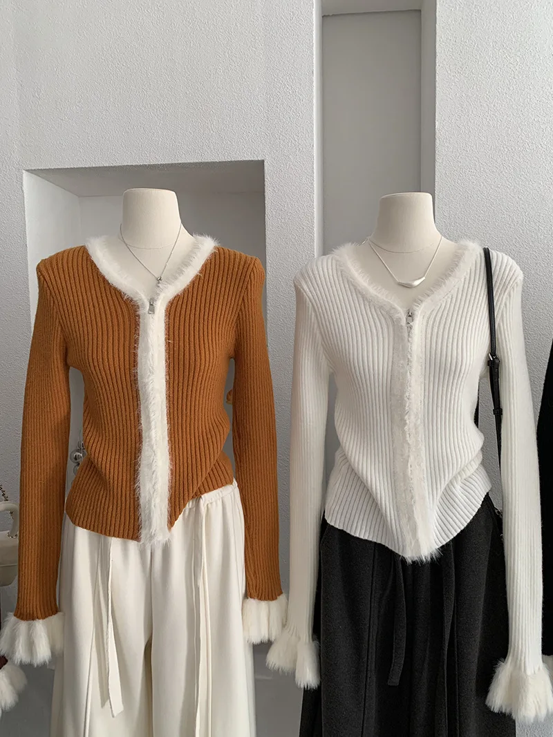 شيك تقسم طويلة الأكمام المرأة تريكو 2025 الخريف المرأة الخامس الرقبة سليم صالح سترة مشغولة من الصوف تنوعا الرجعية سستة سترة #1