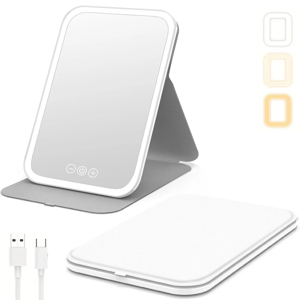 Travel Makeup Mirror, Portable LED Lighted Folding Mirror, 3 Colors Dimming Lighting, Rechargeable Tabletop Vanity Mirror White