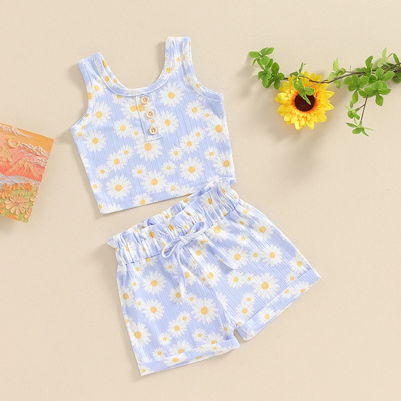 Pudcoco Baby Kids Girls Shorts Set, Flower Print Sleeveless Crew Neck Tank Top and Shorts Summer 2-piece Outfit 6M-4T