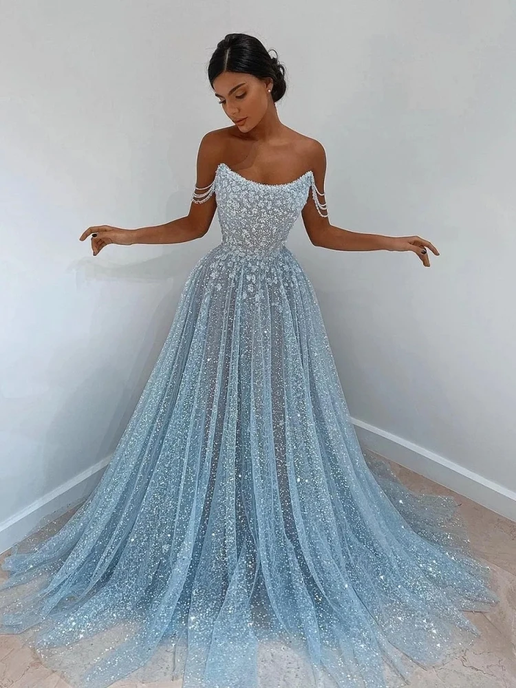 Sparkle Prom Dresses Sky Blue Sequin Formal Evening Dress Tulle Flowers Lace Appliques Wedding Party Gowns vestidos de gala