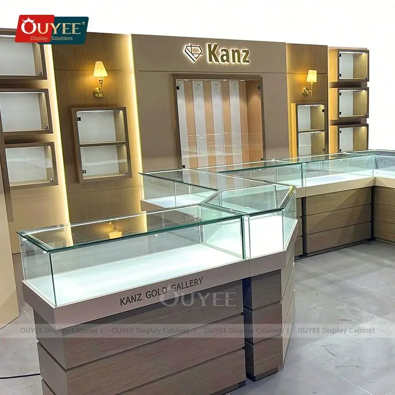 custom.3d Rendering Jewellery Shop Design Wooden Jewellery Counter Display Glass Jewelry Island Jewellery Counter