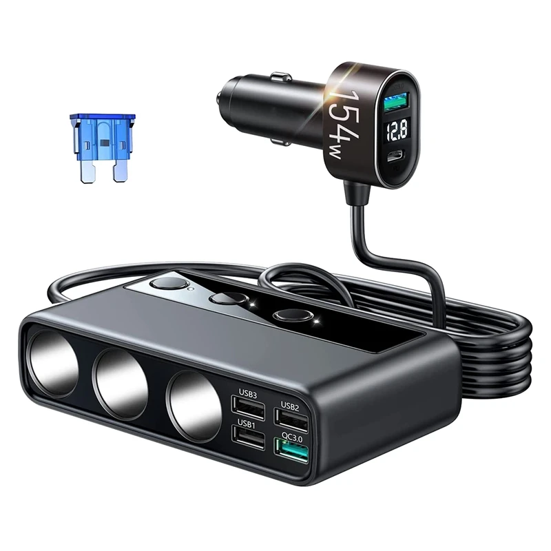 

3 Socket Splitter 9 In 1 Car Charger Adapter With PD/QC 3.0X2 Quick Charge, 154W 12V/24V Independent Switches