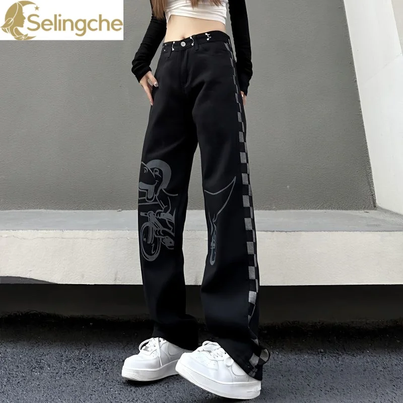 Hoge Taille Afslankende Losse, Rechte Pijpen Casual Broek Voor Dames Cartoon Bedrukt Geblokte Jeans Kleding