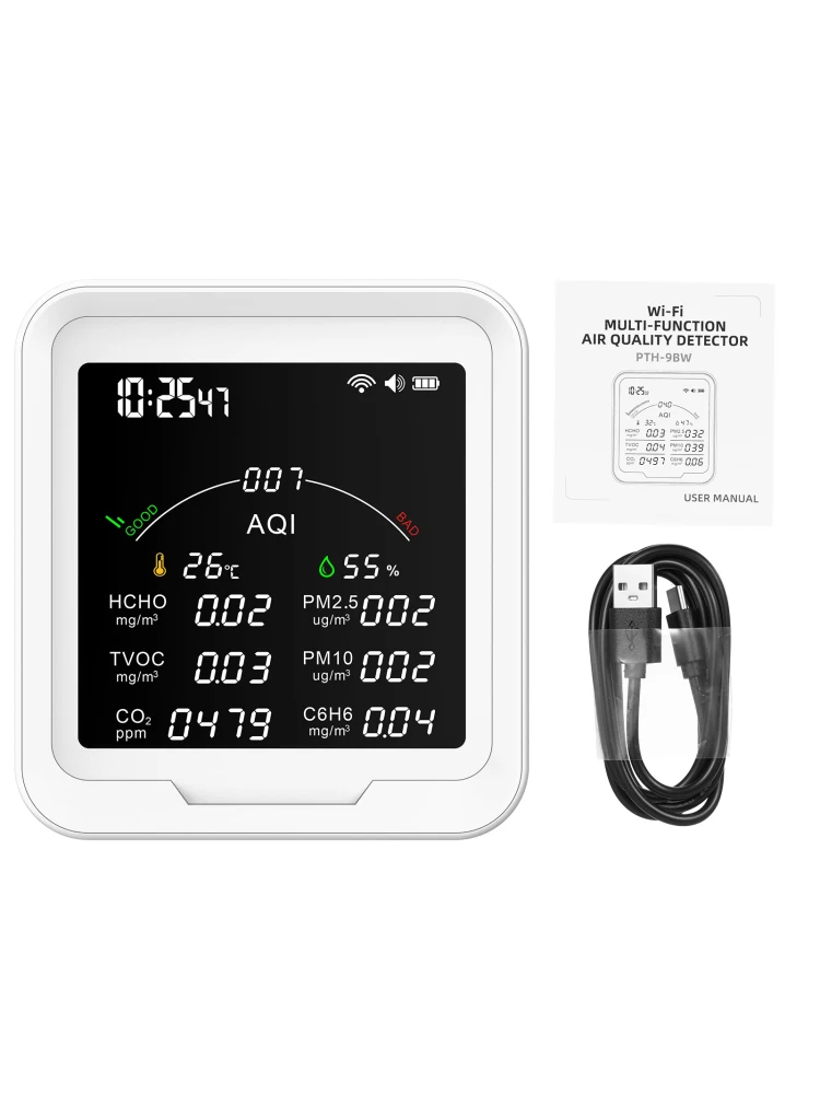 PTH-9BW Tuya WiFi Monitor multifunzionale della qualità dell\'aria PM2.5 PM10 HCHO C6H6 rilevatore di Gas CO2 termometro igrometro sveglia