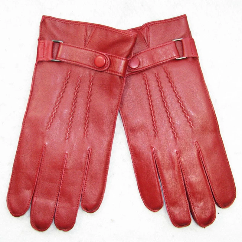 

Real Leather Men Gloves Autumn Winter Thermal Wrist Buckle Red Sheepskin Driving Gloves Male Classic Style XC-203