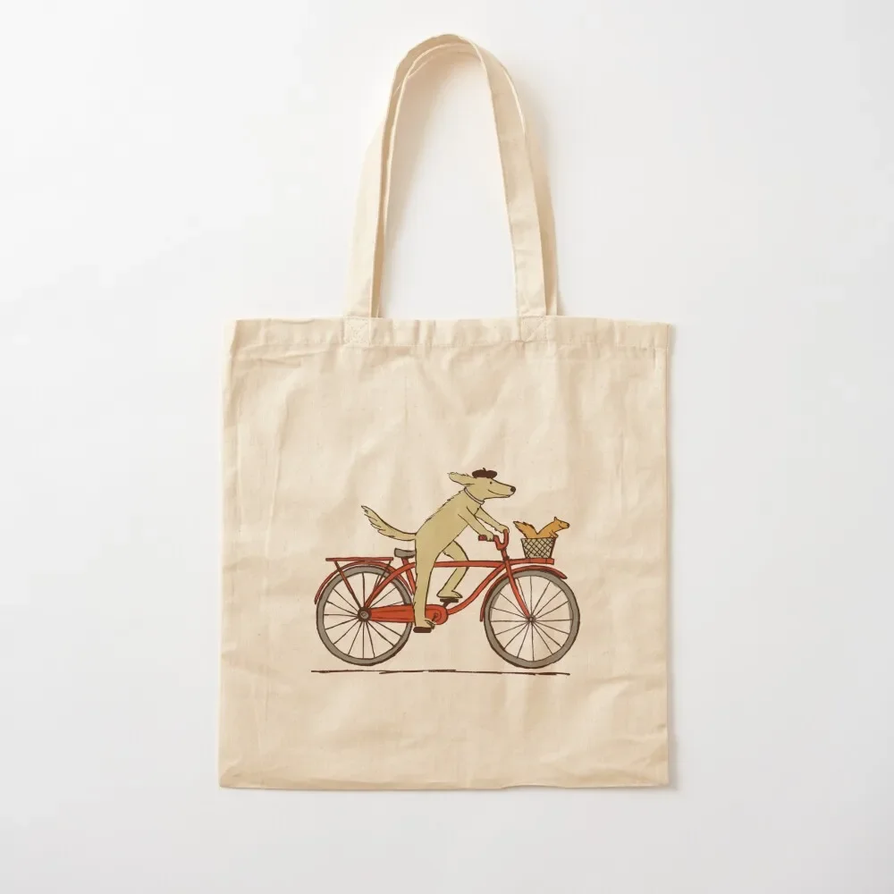 

Dog and Squirrel are Friends Whimsical Animal Art Dog Riding a Bicycle Tote Bag Handbags university shopper bag tote bag