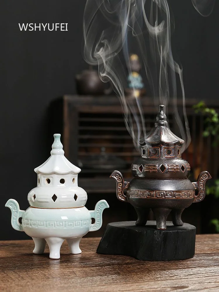 Retro Bronze Incense Burner with Yin Yang Tai Chi Design Tower Lid 3-legged Censer for Chinese Feng Shui Home Office Decor
