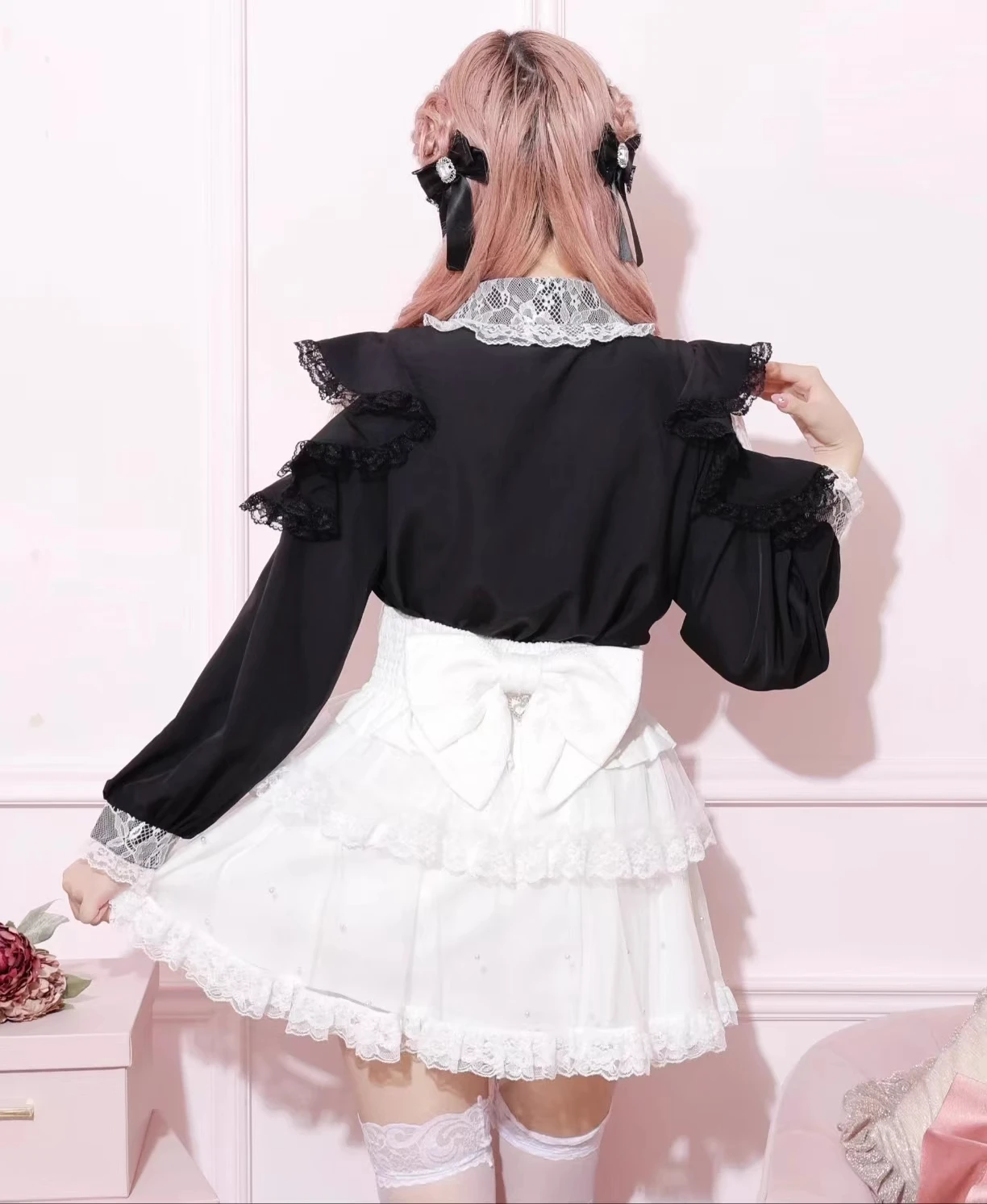 日本鉱山量産ロリータオフショルダー長袖シャツガールレディーススイートリボンレーストップレディースハイウエストスカートセット