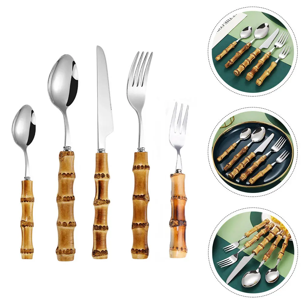 Stainless Steel Cutlery Set with Bamboo Handles Fork Knife Spoon Salad Fork and Teaspoon Tableware