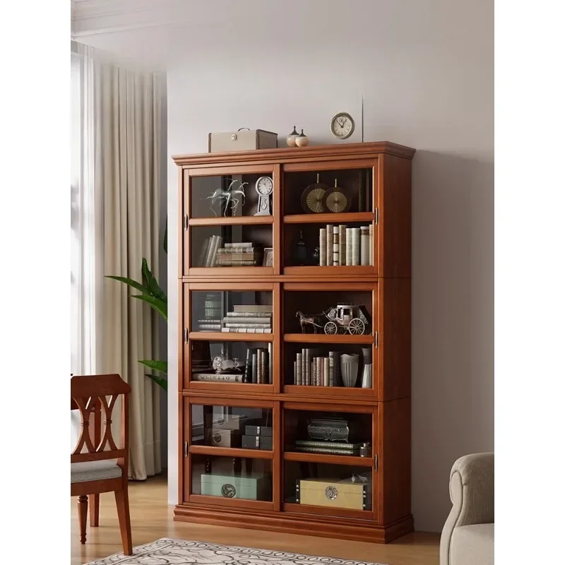 American solid wood bookcase with glass door dustproof household retro display cabinet living room floor sliding door bookshelf