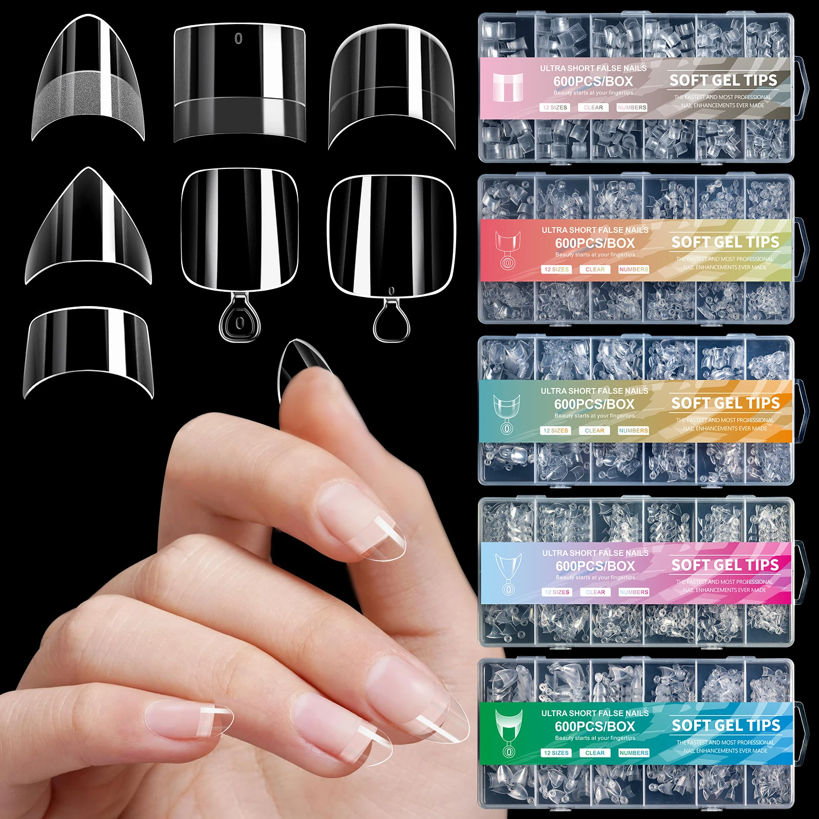 YunMoonai 600Pcs Full Cover 12 Sizes Press-on Nails Extensions Ultra Short False Nail Soft Gel Tips for Nails and Toes
