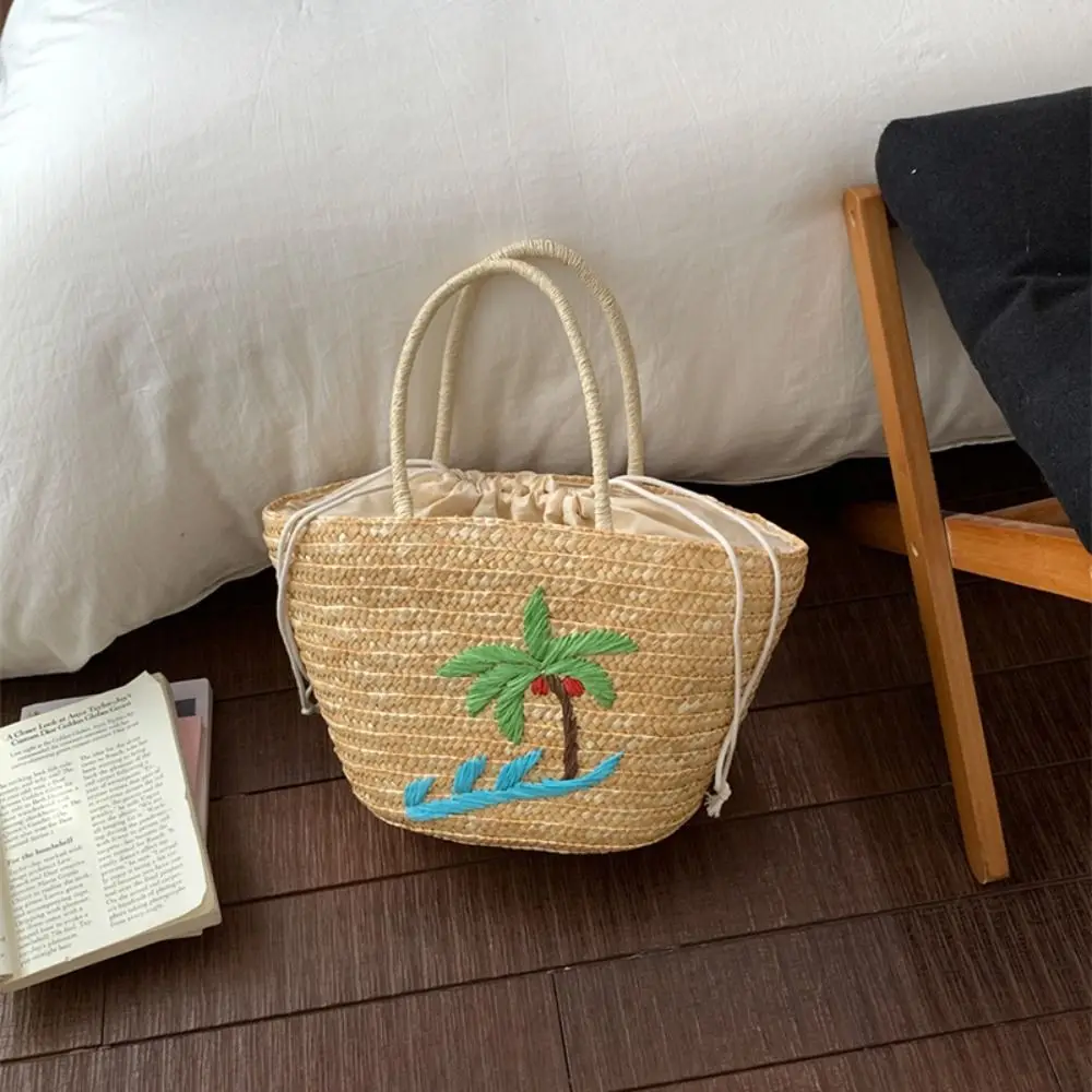 

Large Capacity Coconut Tree Embroidery Straw Bag Grass Embroidered Duck Weave Tote Bag Simple Fashion Rattan Handbag Outdoor