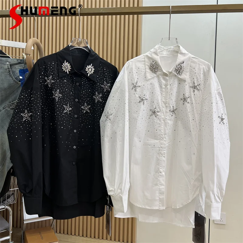 

2024 Spring New Fashionable Long Sleeve Blouse Star Rhinestone Pattern Heavy Industry Loose Dark Shirt For Women's Casual Blusas