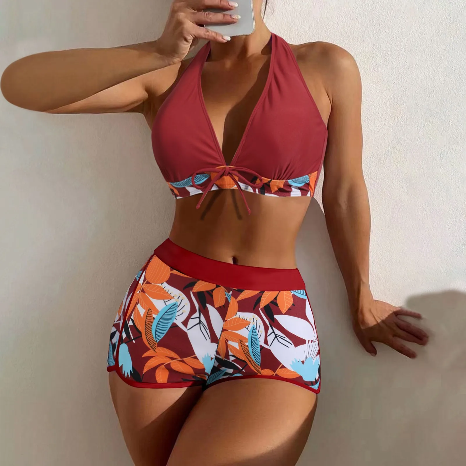 2026 High Waist Bikini Set Paneled Printed Short Swimsuit Retro Fresh Leaf Print Hanging Neck Strap Swimsuit Two Piece Beachwear