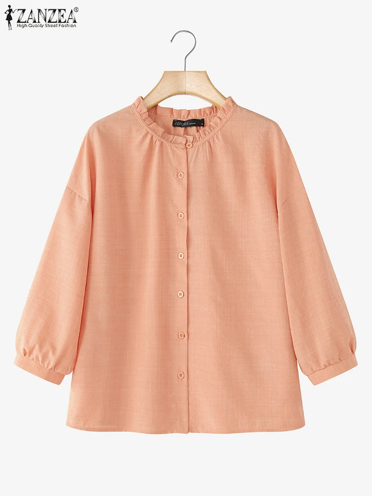 

2025 ZANZEA Stylish Autumn Shirt Women Long Sleeve Solid Blouse Elegant Flounce OL Work Tops Femme Casual O Neck Button Blusas