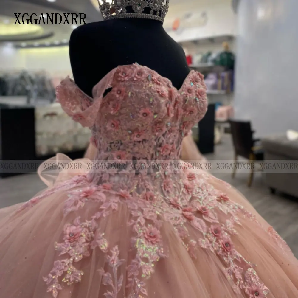 Personalizado lindo vestido de baile rosa quinceanera vestidos 3d floral applique doce 16 vestido de aniversário 15 anos 2025 pageant