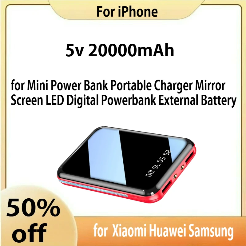 

20000mAh Mini Power Bank Portable Charger Mirror Screen LED Digital Powerbank External Battery for iPhone Xiaomi Huawei Samsung
