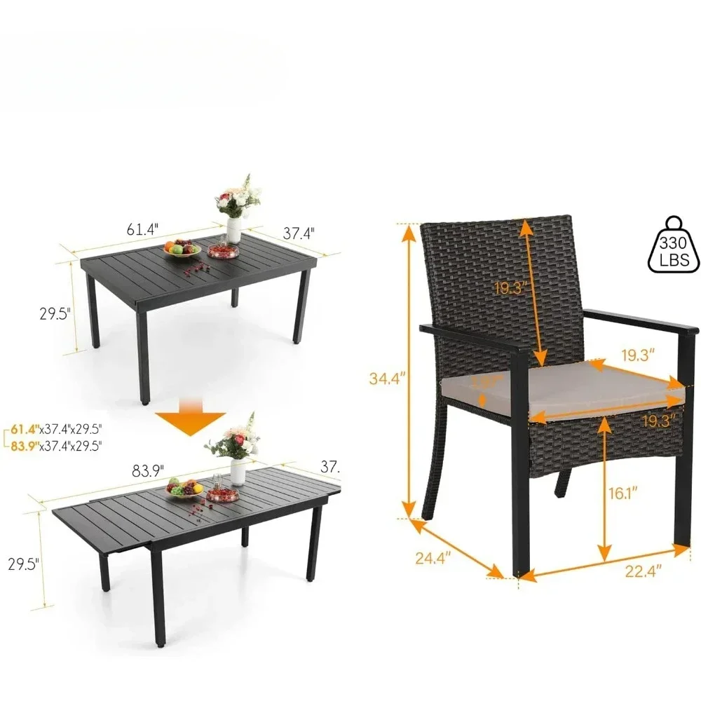 Ensemble de tables rectangulaires extensibles en métal et chaise en rotin PE, ensemble de table de jardin, meubles de conversation, extérieur