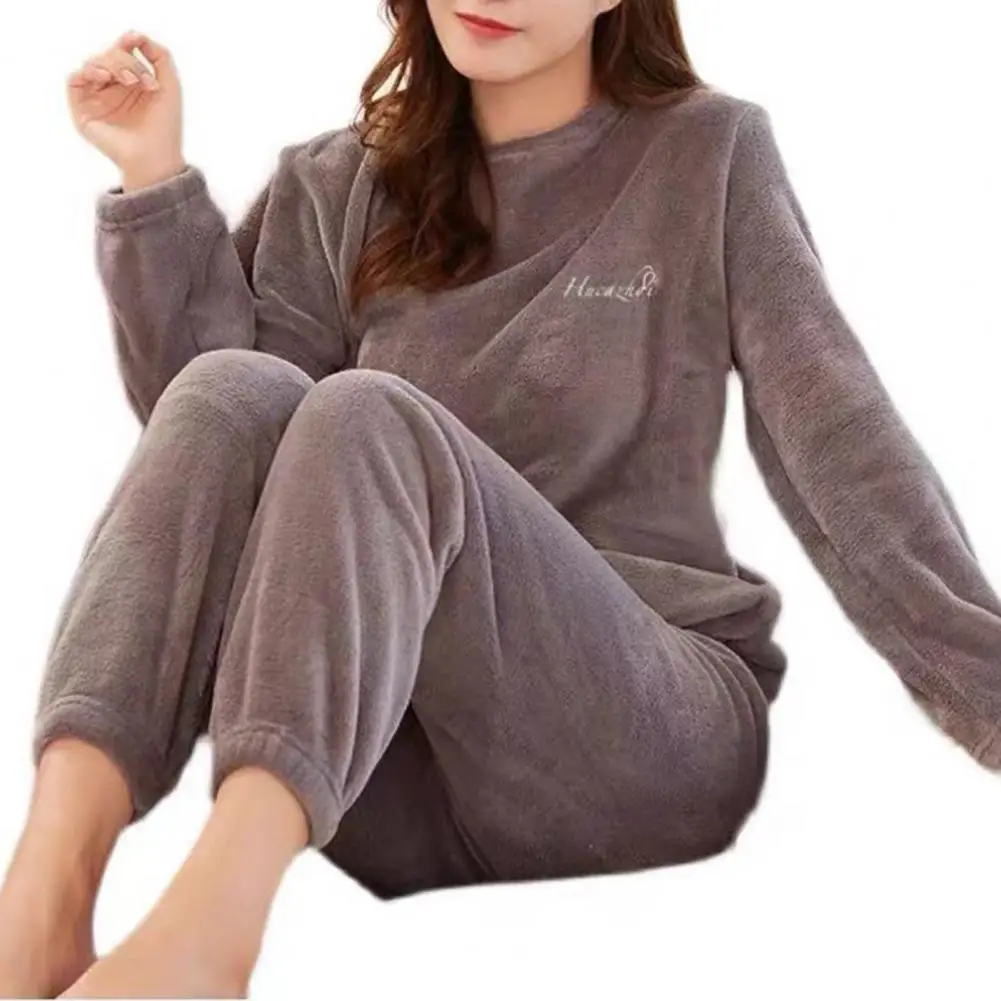 Conjunto de pijamas de invierno para mujer, ropa de dormir de felpa gruesa, Color sólido, cintura elástica, 2 piezas