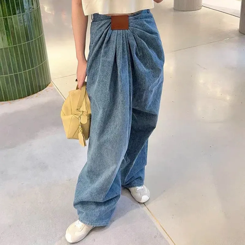

2025 Summer New Pleated Stitching Design Blue Women's Trousers