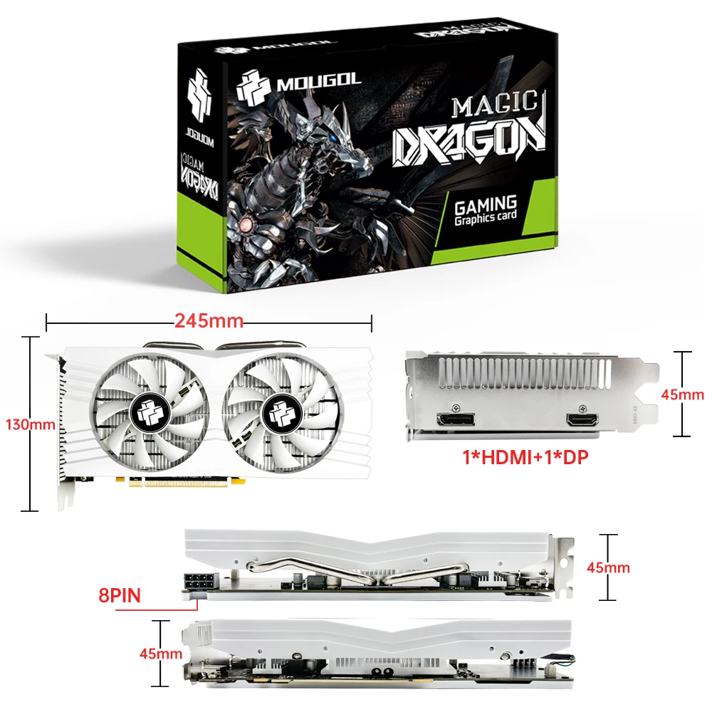 MOUGOL AMD Radeon RX580 8G Graphics Cards GDDR5 Memory Video Gaming Card PCIE3.0x16 HDMI DP for Desktop Computer Components