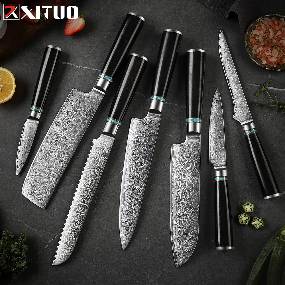 XITUO Japanese Chef Knife Set Damascus Steel Knives Razor Sharp Kitchen Chef Knife Santoku Cleaver Boning Utility Knife 1-7PCS