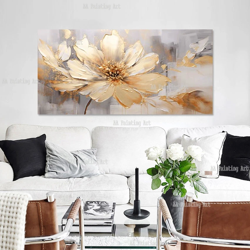 

Modern Living Room Decor Large Luxury Lotus Flower Canvas Wall Picture Oil Painting Art Hotel Showpieces Abstract Murals Artwork