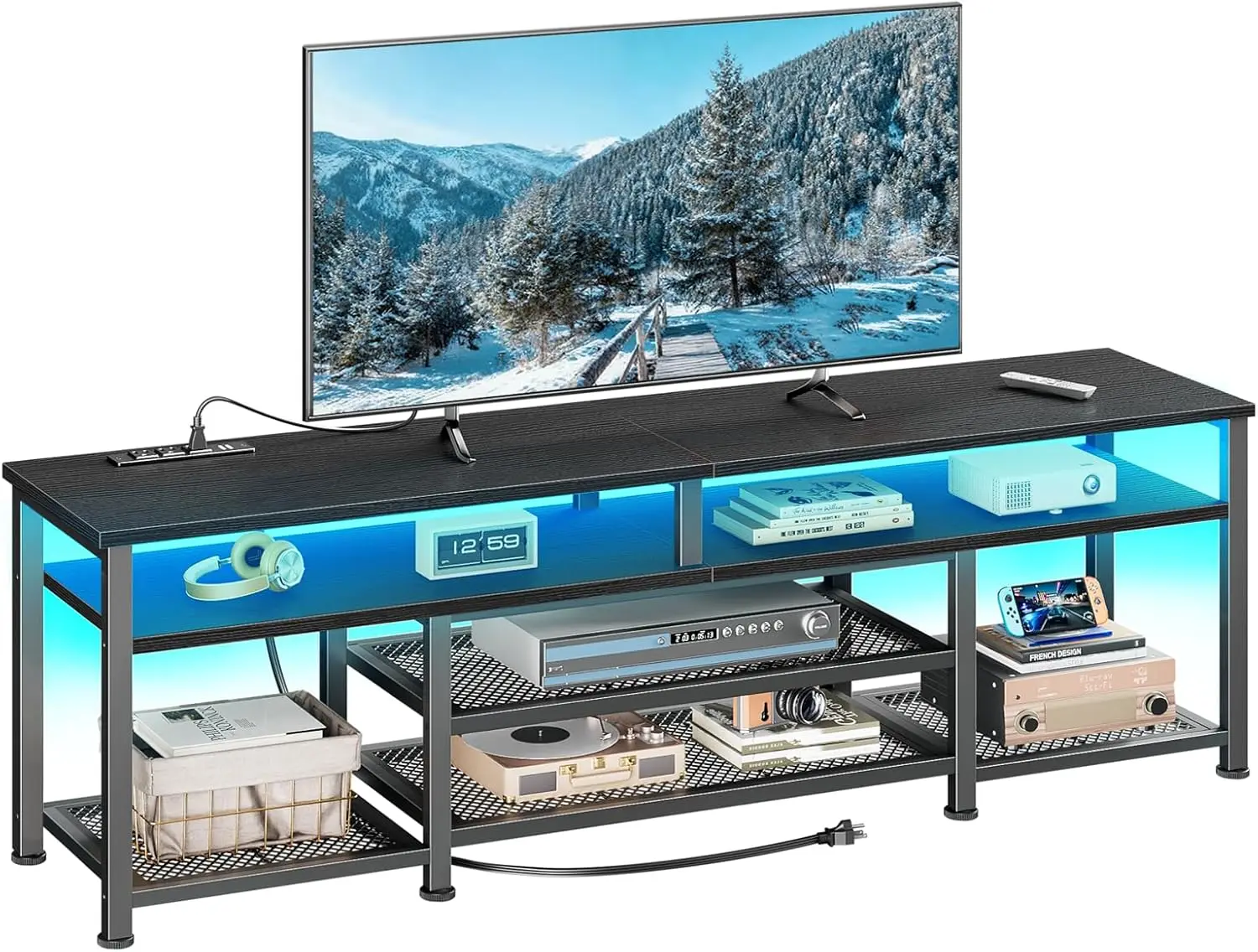

63" TV Stand with LED Lights & Power Outlets, Entertainment Center for TVs up to 70", Open Shelves, Black