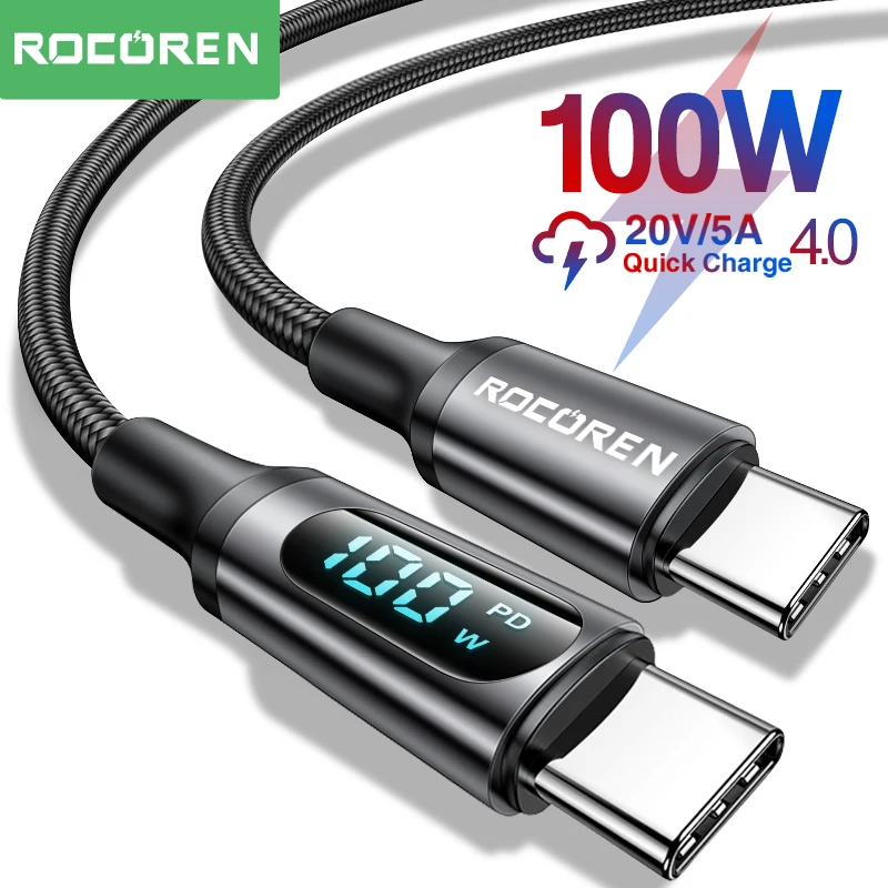 Rocoren PD 100W LED Display USB Type C Cable 5A Quick Charge Fast Charging Charger For Xiaomi POCO Samsung Data Cable Wire Cord