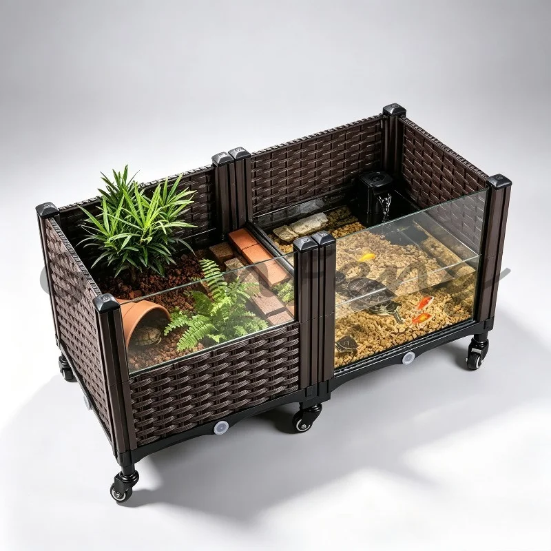 Amphibious Glass Turtle Breeding Tank, Ecological Terrapin Water Tank with Built‑in Habitat for Household Turtle Raising