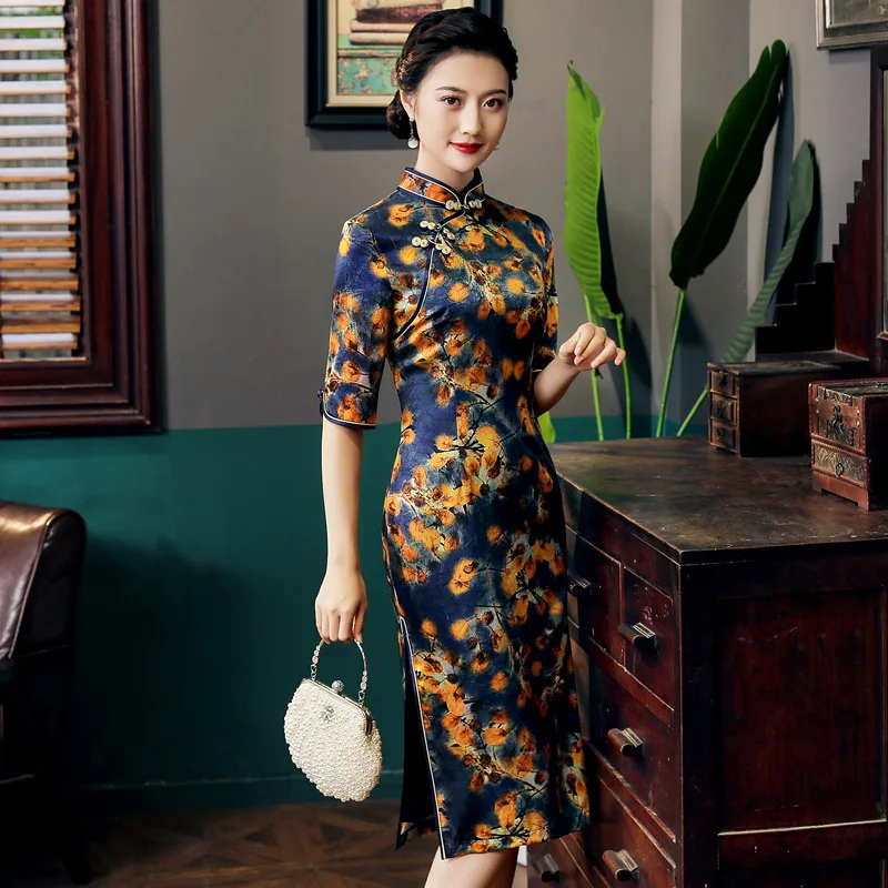 Spring New High Quality Real Silk Middle-Sleeve Floral-Print plus Size Cheongsam Qipao Women's Dress