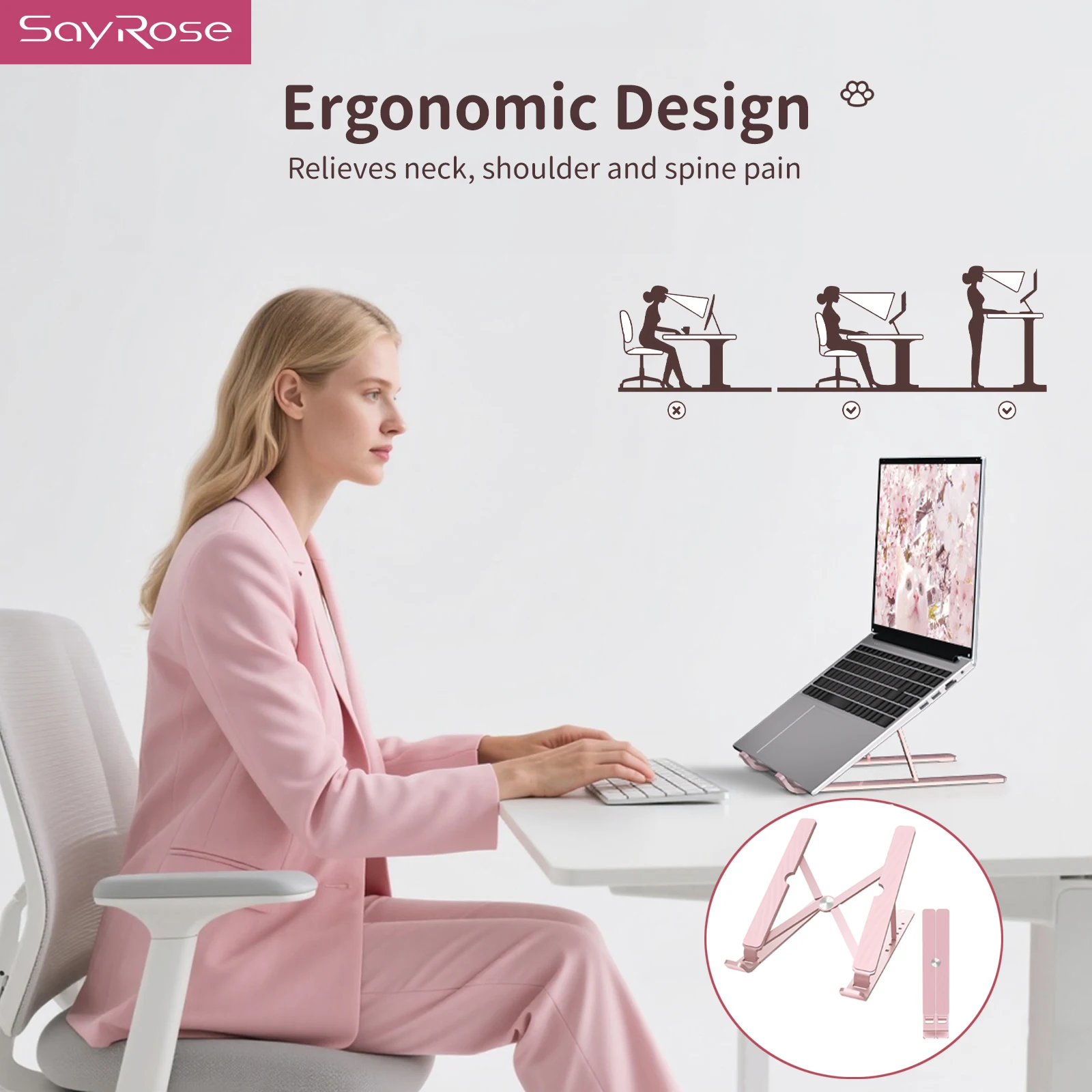 SayRose VQS1 Foldable Pink Laptop Stand Cute Cat‑Paw Laptop Stand 6‑Level Adjustable Aluminum Alloy Notebook Holder, High‑Aesthetic Anti‑Scratch Hollow Cooling Portable Riser Support,10KG Load‑Bearing Foldable Riser For Notebook PC Macbook For Girls Desk
