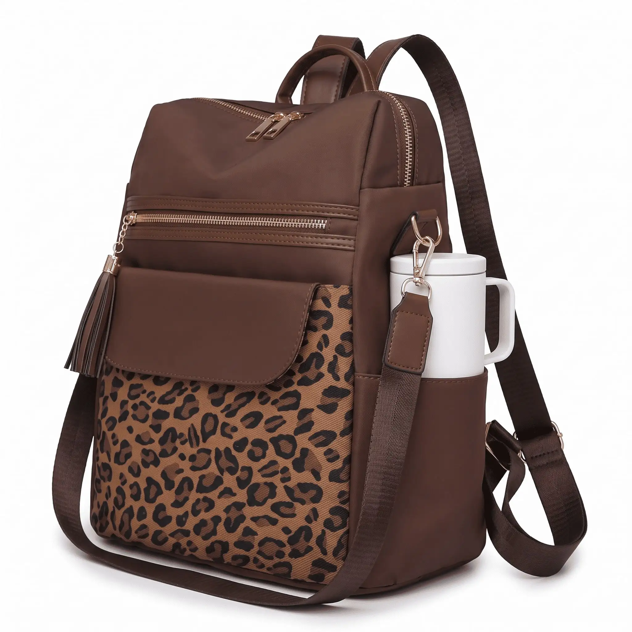 Women's Leopard Print Backpack Purse, Multi-Pocket Convertible Shoulder Bag With Tassel Detail (BROWN)