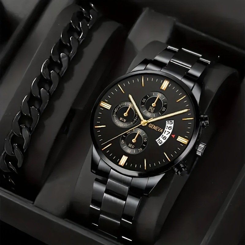  2pcs Luxury Mens Silver Quartz Watch With Stainless Steel Bracelet Men Fashion Business Casual Watch Luminous Clock 