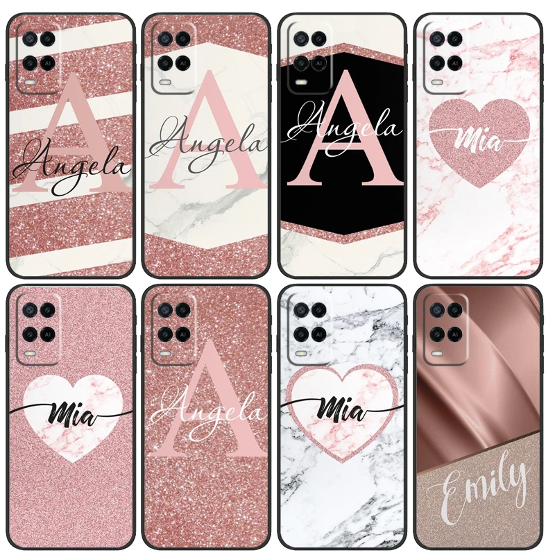 Personalised Name Initial Marble Pink Case For OPPO A57 A58 A77 A78 A98 A18 A54 A74 A94 A17 A15 A52 A72 A5 A9 A53 S A16 A76 A96