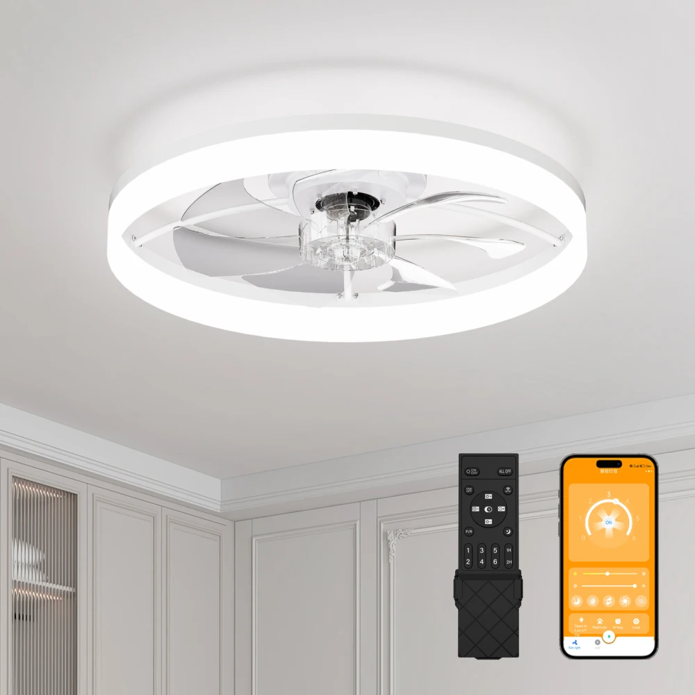 Ideal for living room & bedroom! 23.6'' ultra-thin white flush mount fan lamp, adjustable speed and color temperature for cozy home atmosphere