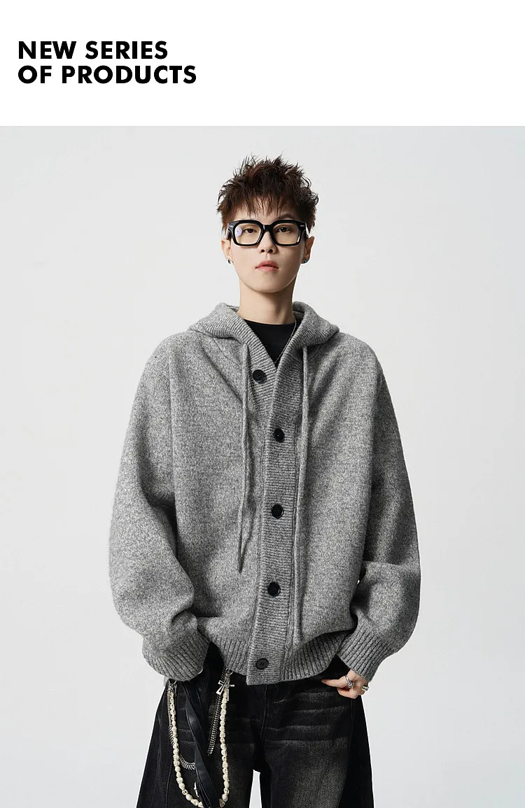 American Retro Gray Hooded Cardigan Sweater Men's and Women's Trendy Brand Lazy Wind Couple Knitted Sweater Jacket