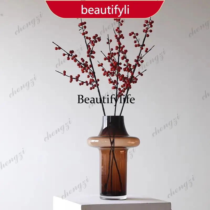 F150 Vase: Living room desktop floral arrangement, vintage brown glass floral vessel for model room display