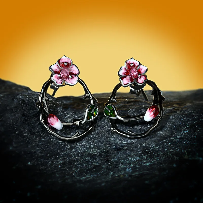 High Quality Sweet Temperament Handmade Enamel Flower Hollow Earrings Ladies 925 Silver Romantic Flower Jewelry