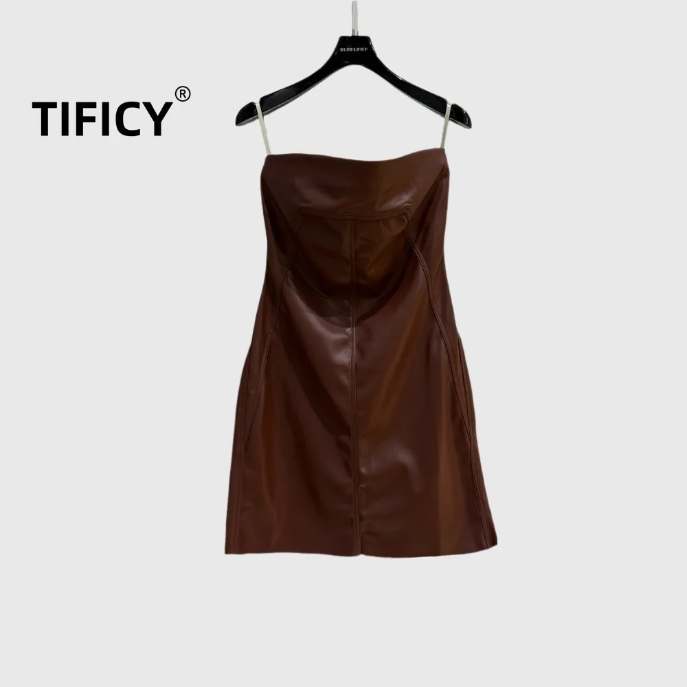 

High Street Dark Style Chest Hugging Dress PU Women's Chest Hugging Sexy and Fashionable Hip Hugging Design Dress